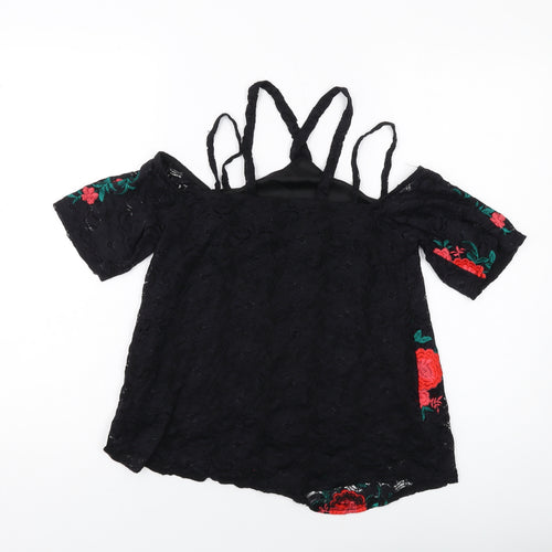 River Island Womens Black Floral Polyester Basic T-Shirt Size 8 V-Neck