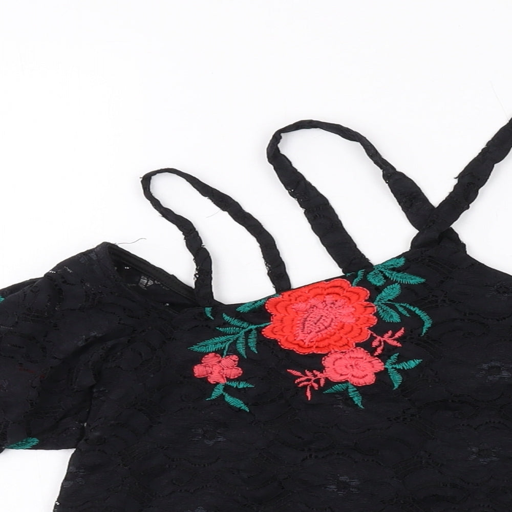 River Island Womens Black Floral Polyester Basic T-Shirt Size 8 V-Neck