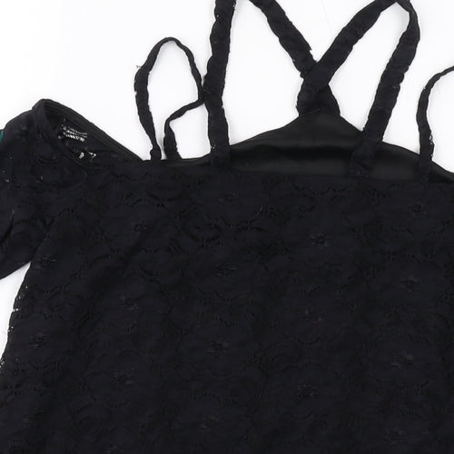 River Island Womens Black Floral Polyester Basic T-Shirt Size 8 V-Neck