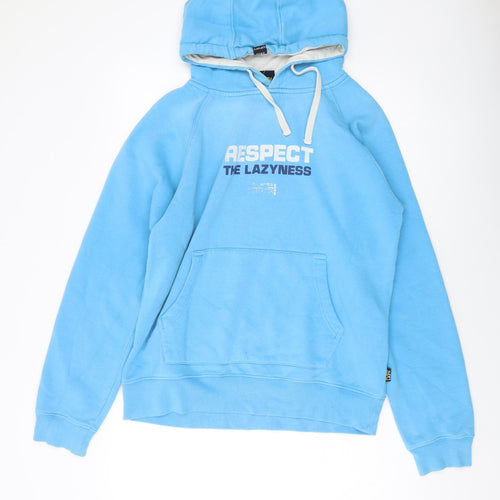Plain Lazy Mens Blue Cotton Pullover Hoodie Size M