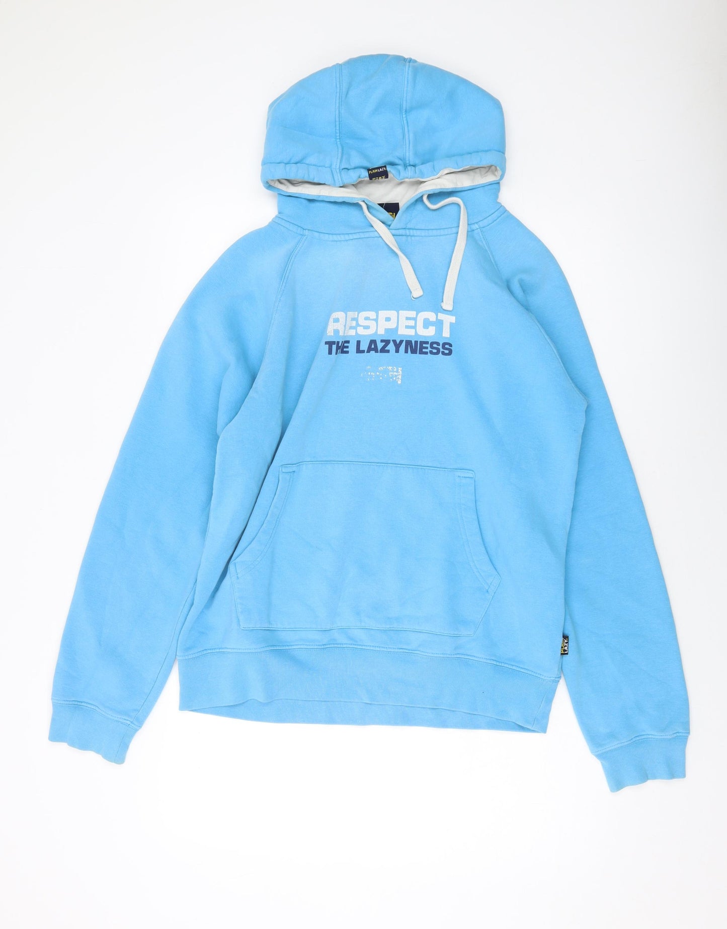 Plain Lazy Mens Blue Cotton Pullover Hoodie Size M