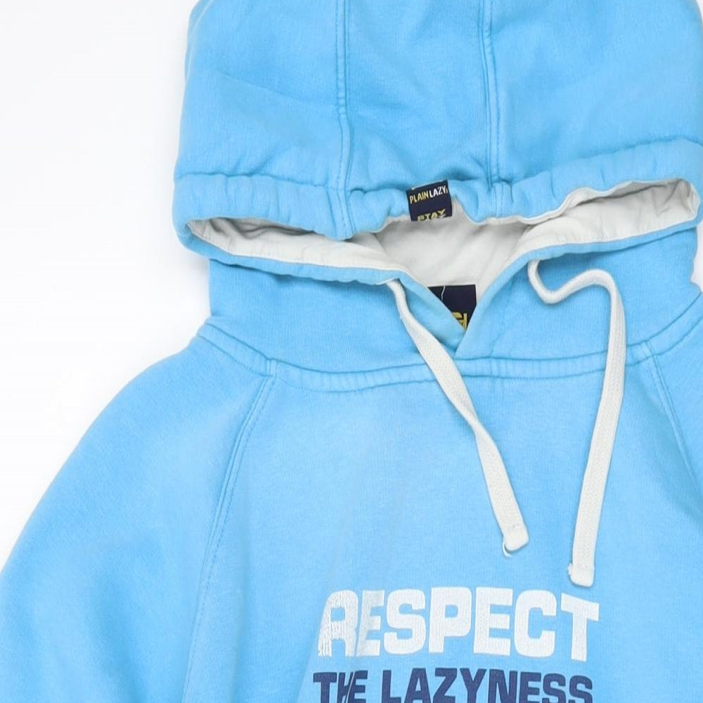 Plain Lazy Mens Blue Cotton Pullover Hoodie Size M