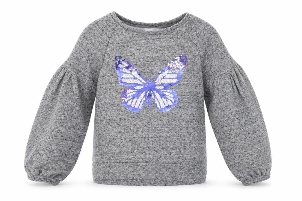Front view of Ga[p girls’ grey cotton pullover sweatshirt, size 13-14, years pullover