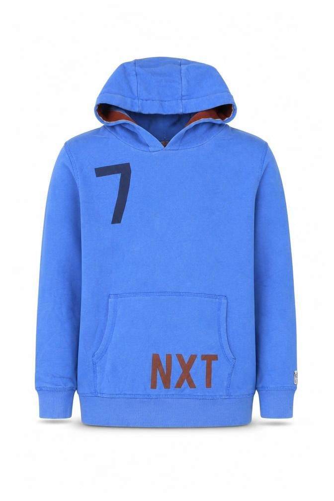 Front view of Next boys’ blue cotton pullover hoodie, size 9, years pullover