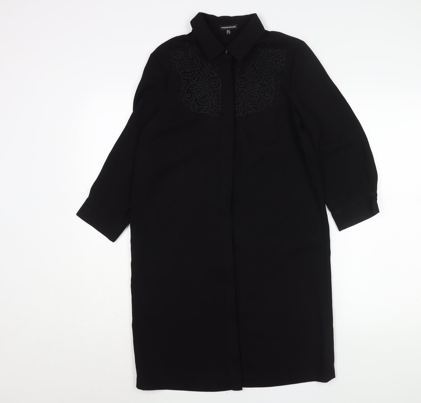 Warehouse Womens Black Polyester Shirt Dress Size 8 Collared Button - Lace Detail