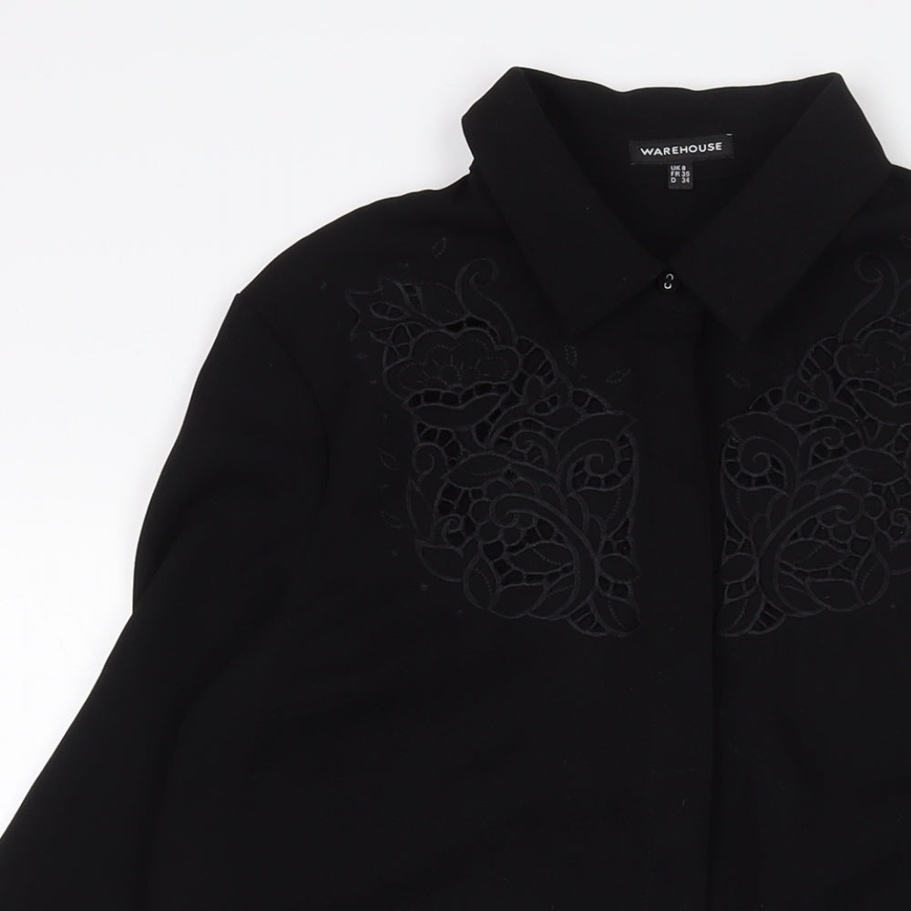 Warehouse Womens Black Polyester Shirt Dress Size 8 Collared Button - Lace Detail