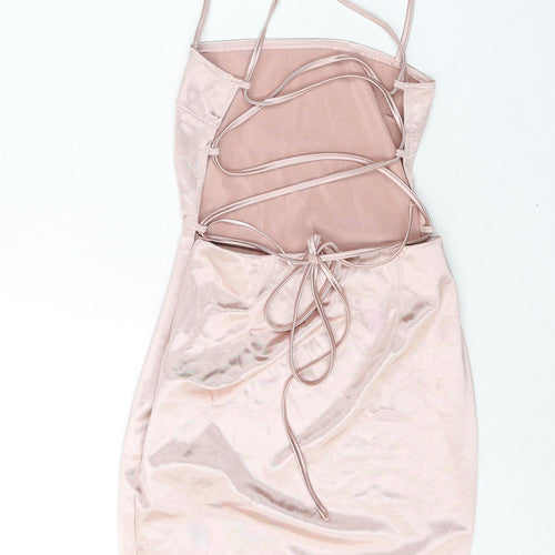 Boohoo Womens Pink Polyester Bodycon Size 10 Square Neck Lace Up