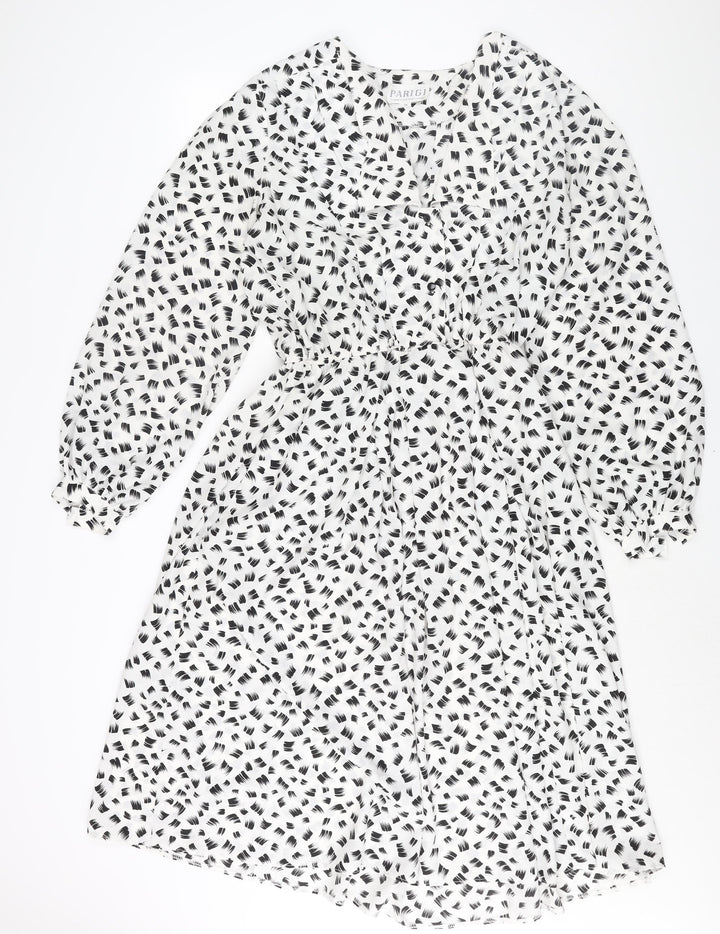 Parigi Womens White Geometric Polyester Shift Size 14 V-Neck Pullover - Vintage Collared