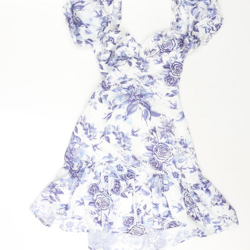 Love Triangle Womens Blue Floral Polyester A-Line Size S Sweetheart Zip - Lace Up Back Frill