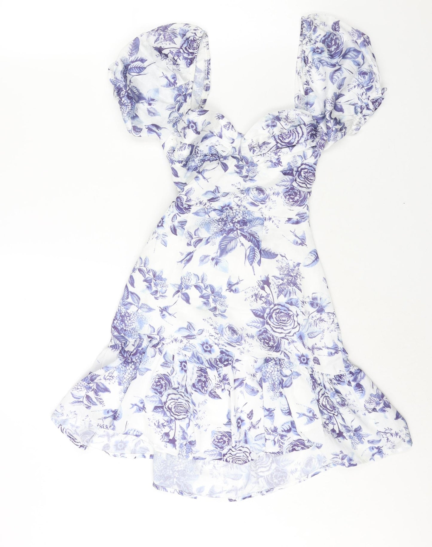 Love Triangle Womens Blue Floral Polyester A-Line Size S Sweetheart Zip - Lace Up Back Frill