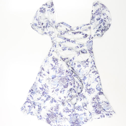 Love Triangle Womens Blue Floral Polyester A-Line Size S Sweetheart Zip - Lace Up Back Frill