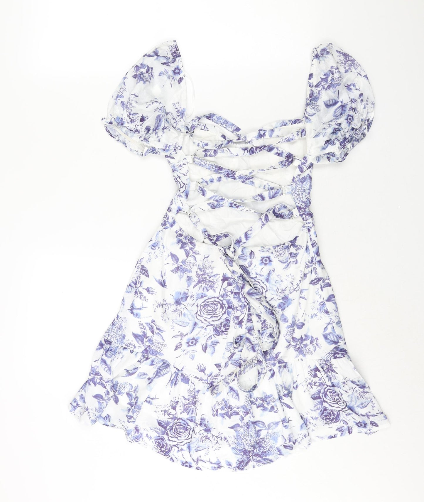 Love Triangle Womens Blue Floral Polyester A-Line Size S Sweetheart Zip - Lace Up Back Frill