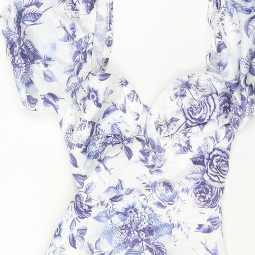 Love Triangle Womens Blue Floral Polyester A-Line Size S Sweetheart Zip - Lace Up Back Frill