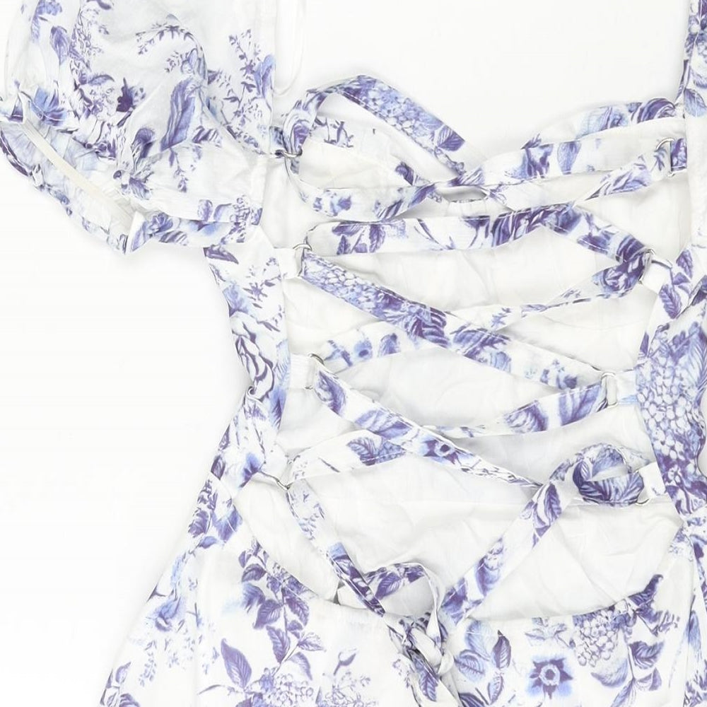 Love Triangle Womens Blue Floral Polyester A-Line Size S Sweetheart Zip - Lace Up Back Frill