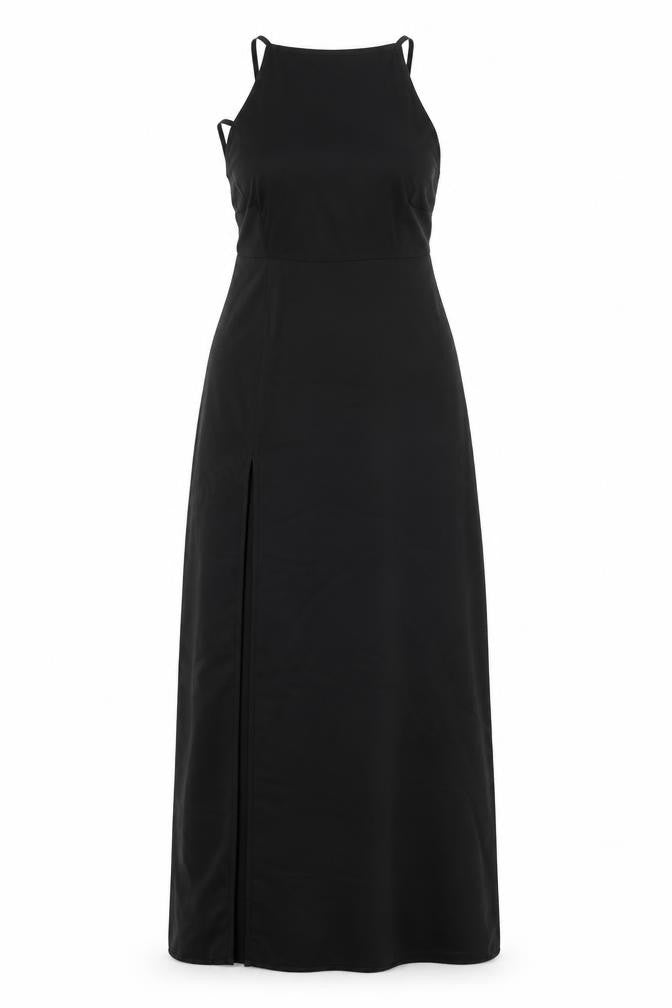 Front view of PRETTYLITTLETHING women’s black polyester maxi, size UK 8, square neck zip - backless tie
