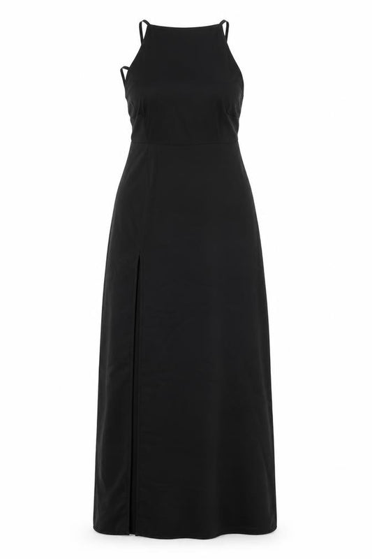 Front view of PRETTYLITTLETHING women’s black polyester maxi, size UK 8, square neck zip - backless tie