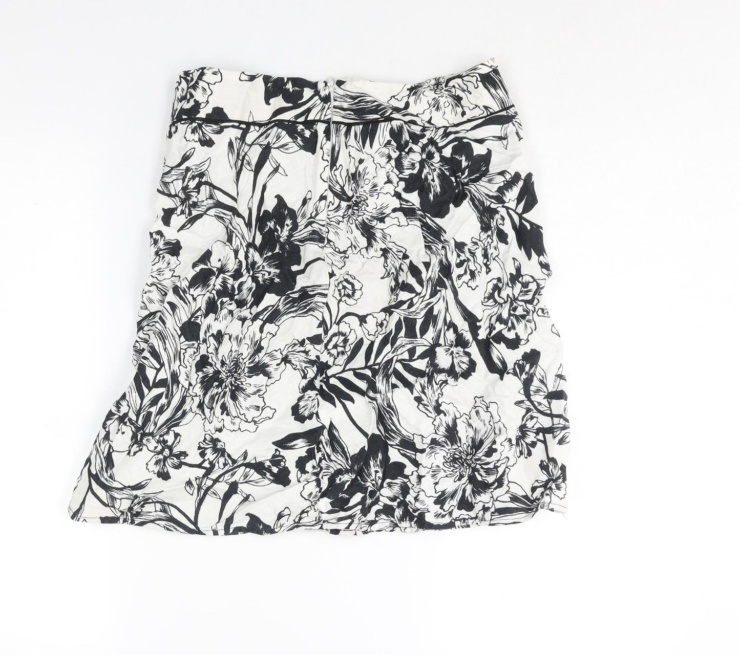 Marks and Spencer Womens White Floral Linen A-Line Skirt Size 10 Zip