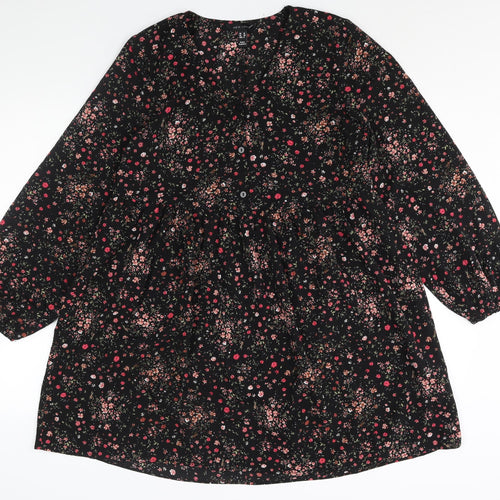 New Look Womens Black Floral Polyester Shift Size 10 V-Neck Button - Smocked