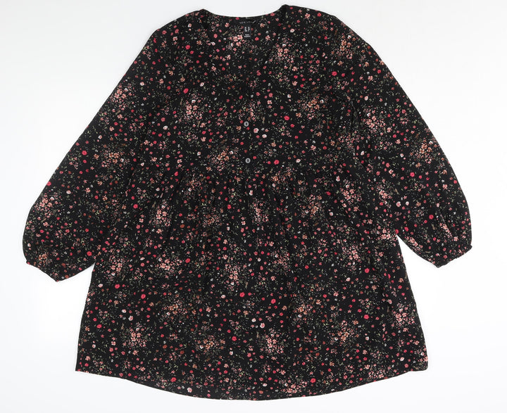 New Look Womens Black Floral Polyester Shift Size 10 V-Neck Button - Smocked