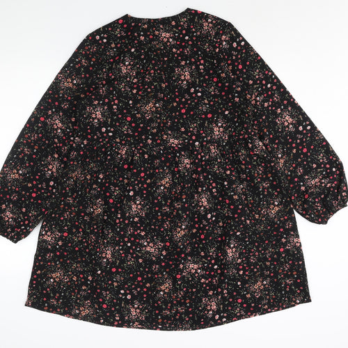 New Look Womens Black Floral Polyester Shift Size 10 V-Neck Button - Smocked