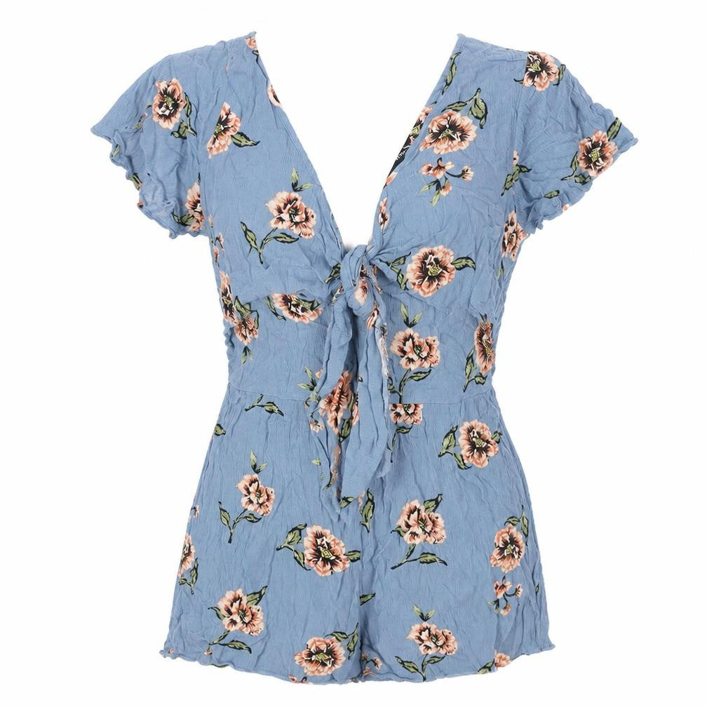 New Look Womens Blue Floral Vinyl Playsuit One-Piece Size 8 Pullover - Tie Detail