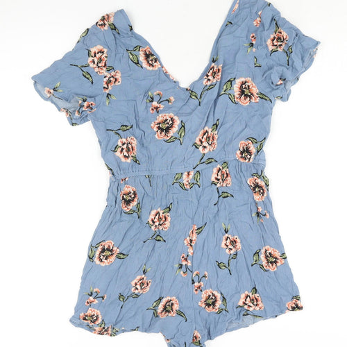 New Look Womens Blue Floral Vinyl Playsuit One-Piece Size 8 Pullover - Tie Detail