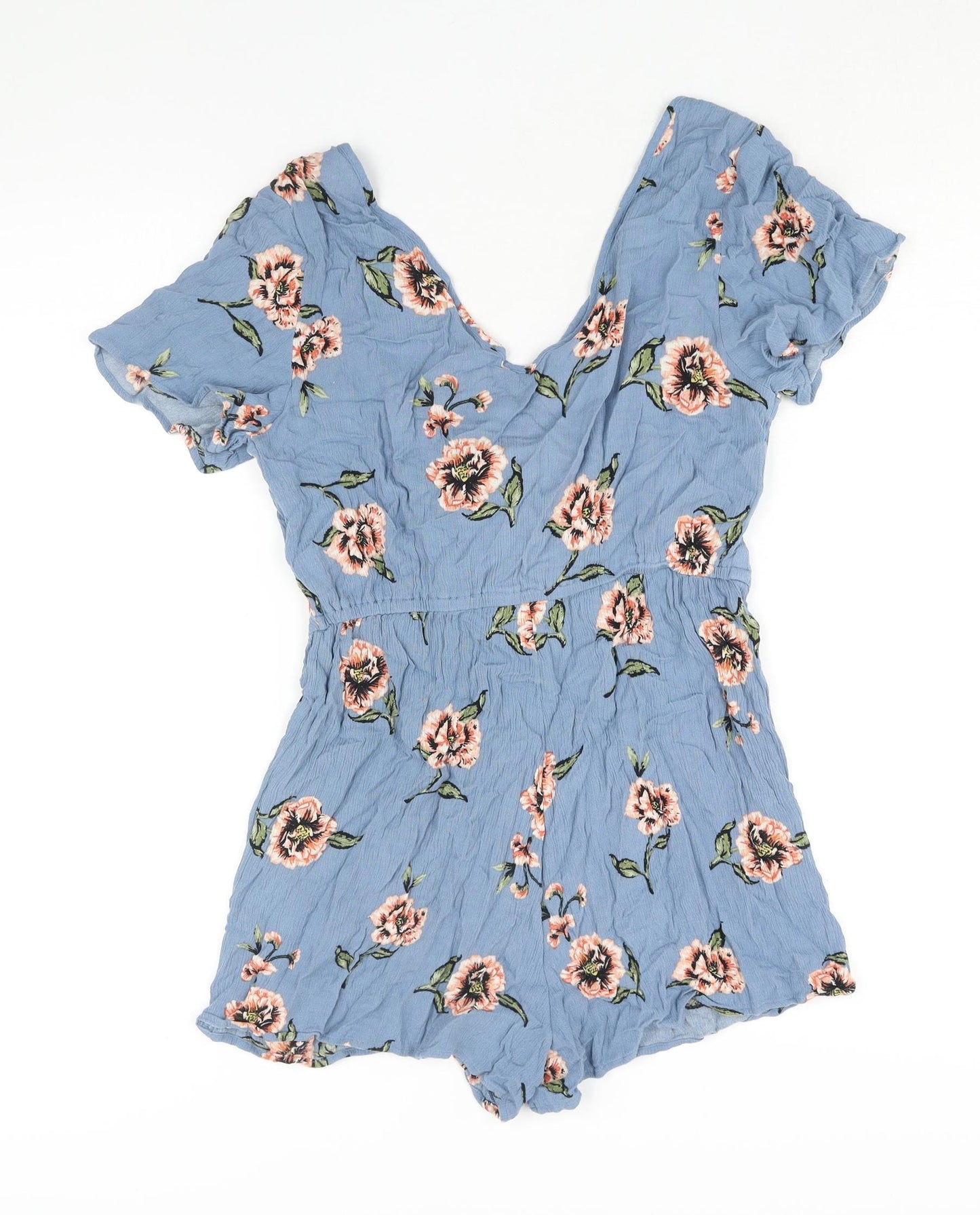 New Look Womens Blue Floral Vinyl Playsuit One-Piece Size 8 Pullover - Tie Detail