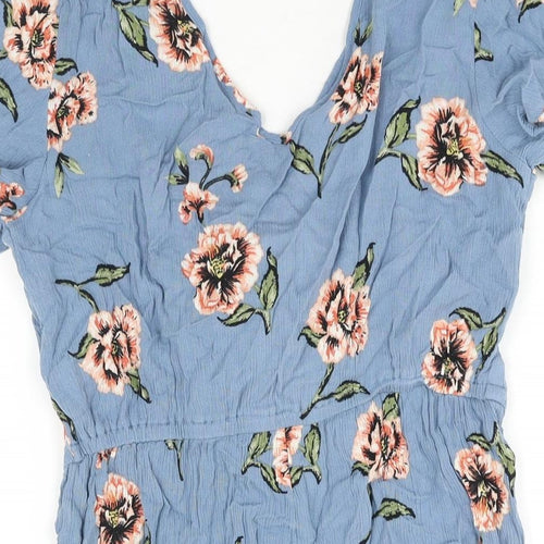 New Look Womens Blue Floral Vinyl Playsuit One-Piece Size 8 Pullover - Tie Detail