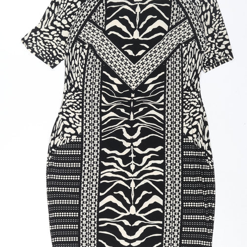 Marks and Womens Black Geometric Polyester Bodycon Size 14 Round Neck Pullover