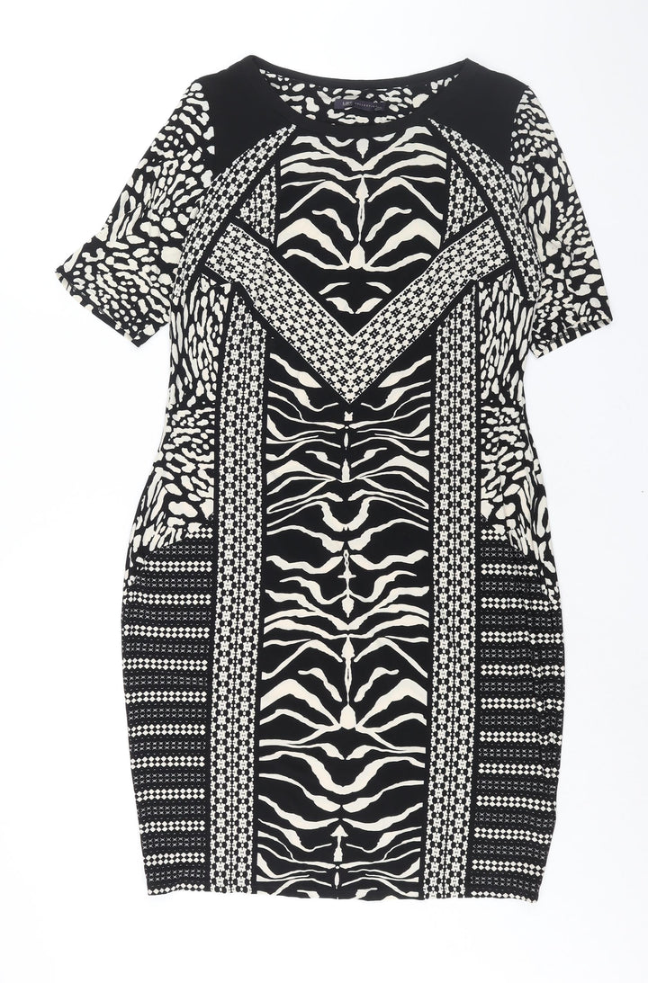 Marks and Womens Black Geometric Polyester Bodycon Size 14 Round Neck Pullover