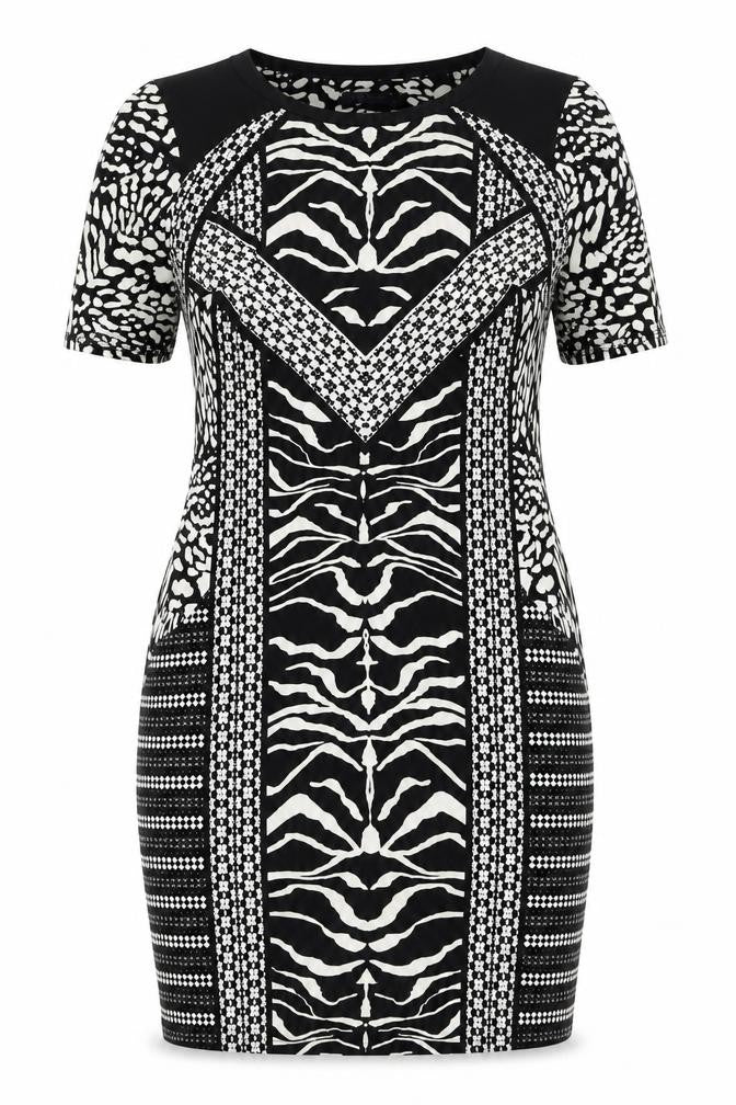 Front view of Marks & Spencer women’s black geometric polyester bodycon, size UK 14, round neck pullover