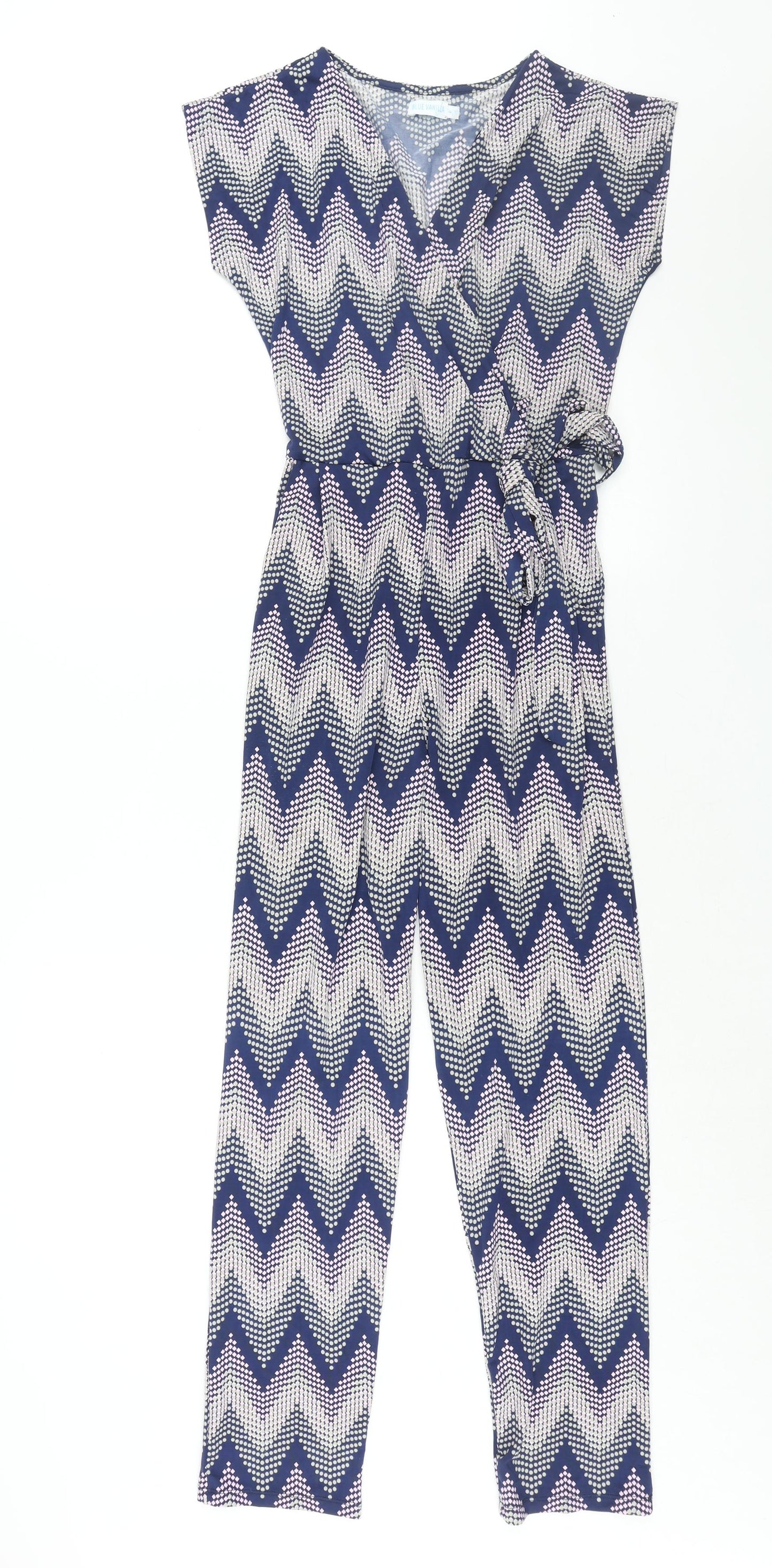 Blue Vanilla Womens Blue Geometric Polyester Jumpsuit One-Piece Size 8 L29 in Pullover