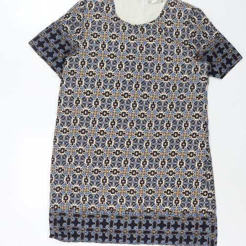 Voulez-Vous Womens Blue Geometric Polyester Shift Size 12 Round Neck Zip