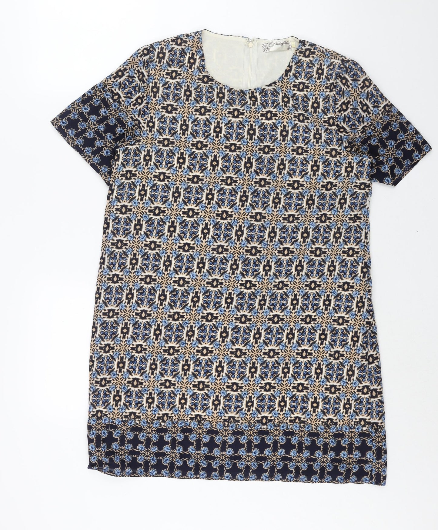 Voulez-Vous Womens Blue Geometric Polyester Shift Size 12 Round Neck Zip