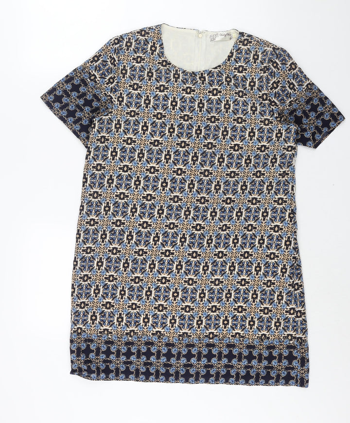 Voulez-Vous Womens Blue Geometric Polyester Shift Size 12 Round Neck Zip