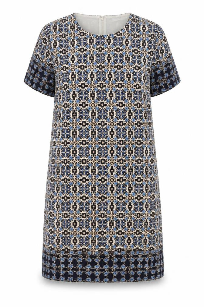 Voulez-Vous Womens Blue Geometric Polyester Shift Size 12 Round Neck Zip