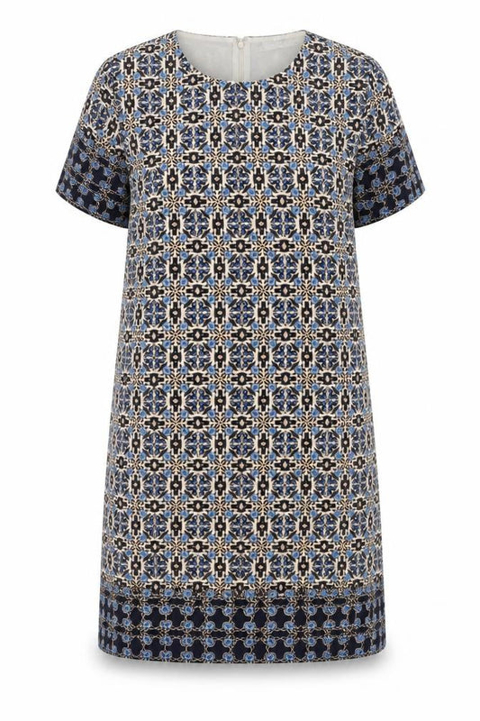 Front view of Voulez-Vous women’s blue geometric polyester shift, size UK 12, round neck zip
