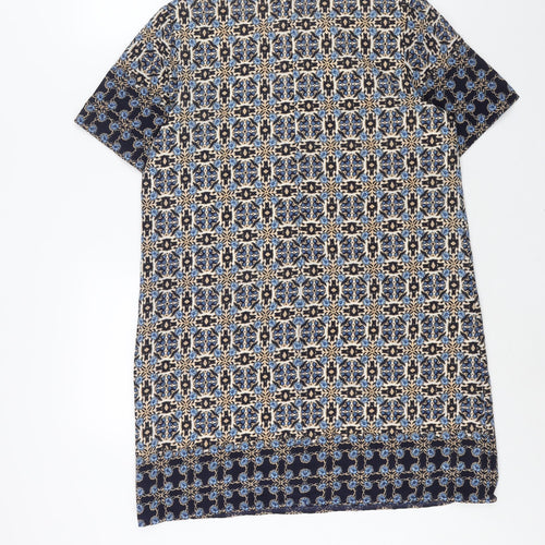 Voulez-Vous Womens Blue Geometric Polyester Shift Size 12 Round Neck Zip