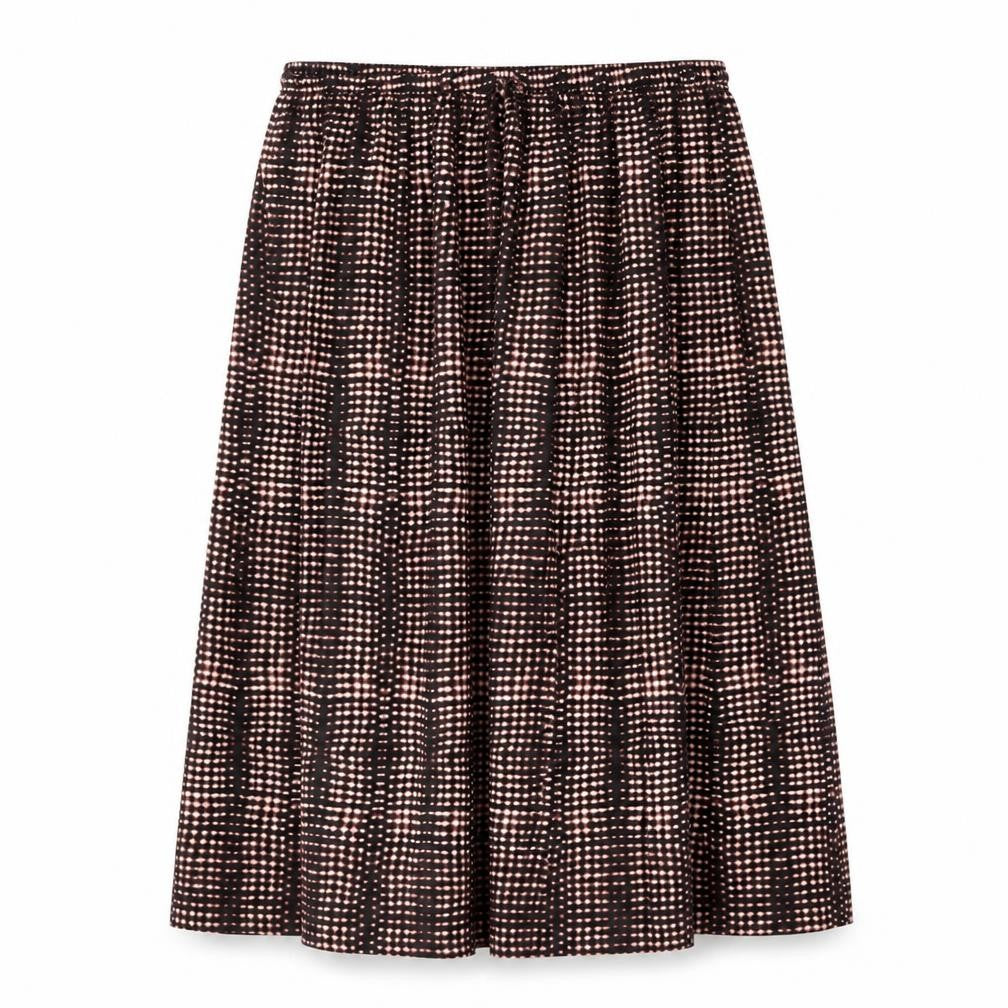 Front view of Per Una women’s black geometric polyester a-line skirt, size UK 14, drawstring