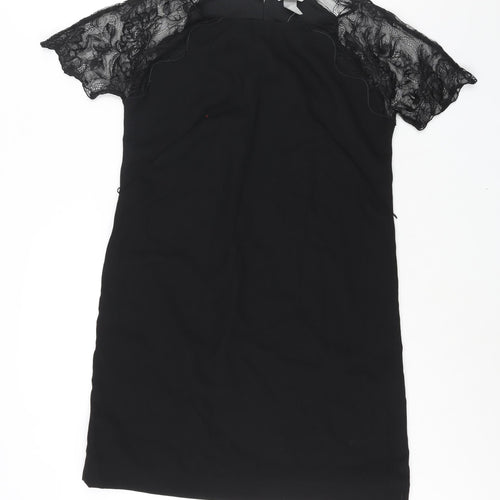 H&M Womens Black Polyester Shift Size 10 Round Neck Button - Lace Sleeve