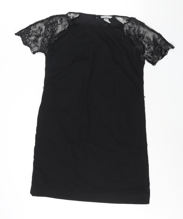 H&M Womens Black Polyester Shift Size 10 Round Neck Button - Lace Sleeve