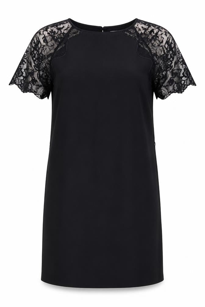 Front view of H&M women’s black polyester shift, size UK 10, round neck button - lace sleeve