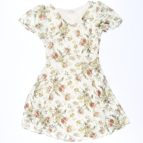 Marisa & Marie Womens Beige Floral Polyester A-Line Size S V-Neck Zip