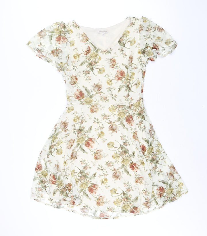 Marisa & Marie Womens Beige Floral Polyester A-Line Size S V-Neck Zip