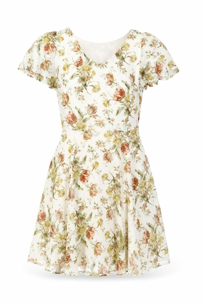 Front view of Marisa & Marie women’s beige floral polyester a-line, size S, v-neck zip