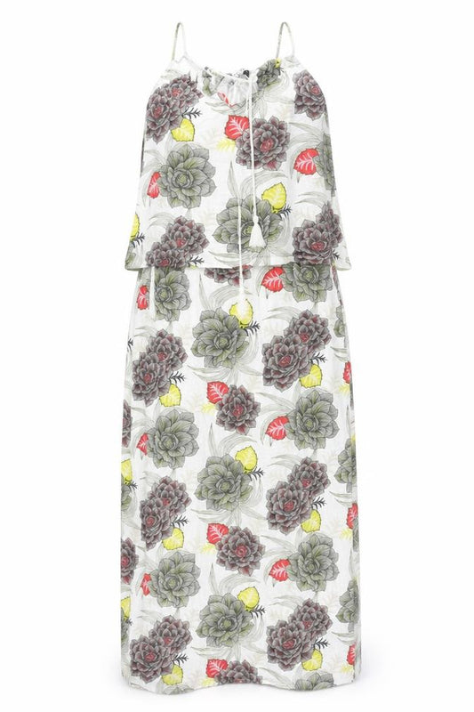 Front view of Next women’s multicoloured floral cotton maxi, size UK 14, round neck tie - side slits tassle