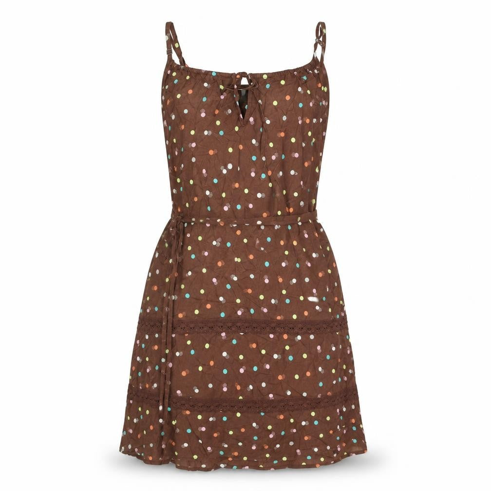 Floozie Womens Brown Polka Dot Cotton A-Line Size 10 Scoop Neck Tie - Lace Detail Keyhole Neck Belted