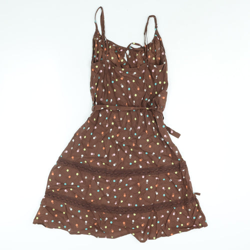 Floozie Womens Brown Polka Dot Cotton A-Line Size 10 Scoop Neck Tie - Lace Detail Keyhole Neck Belted