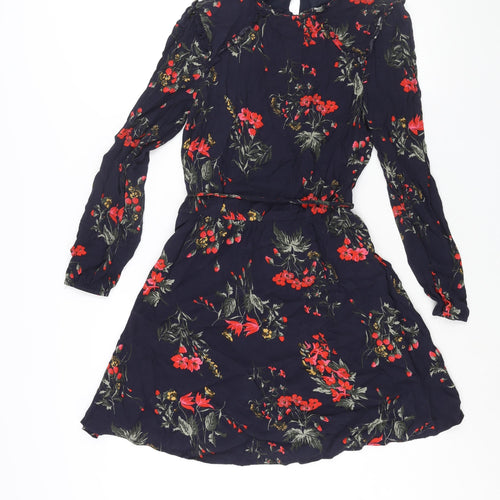 Oasis Womens Blue Floral Viscose A-Line Size 10 Round Neck Button - Belted Frill