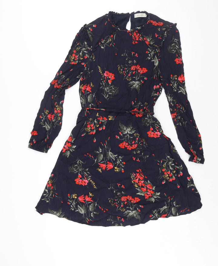 Oasis Womens Blue Floral Viscose A-Line Size 10 Round Neck Button - Belted Frill